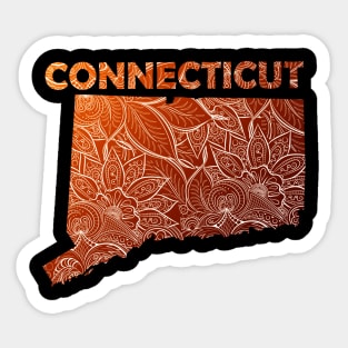 Colorful mandala art map of Connecticut with text in brown and orange Sticker